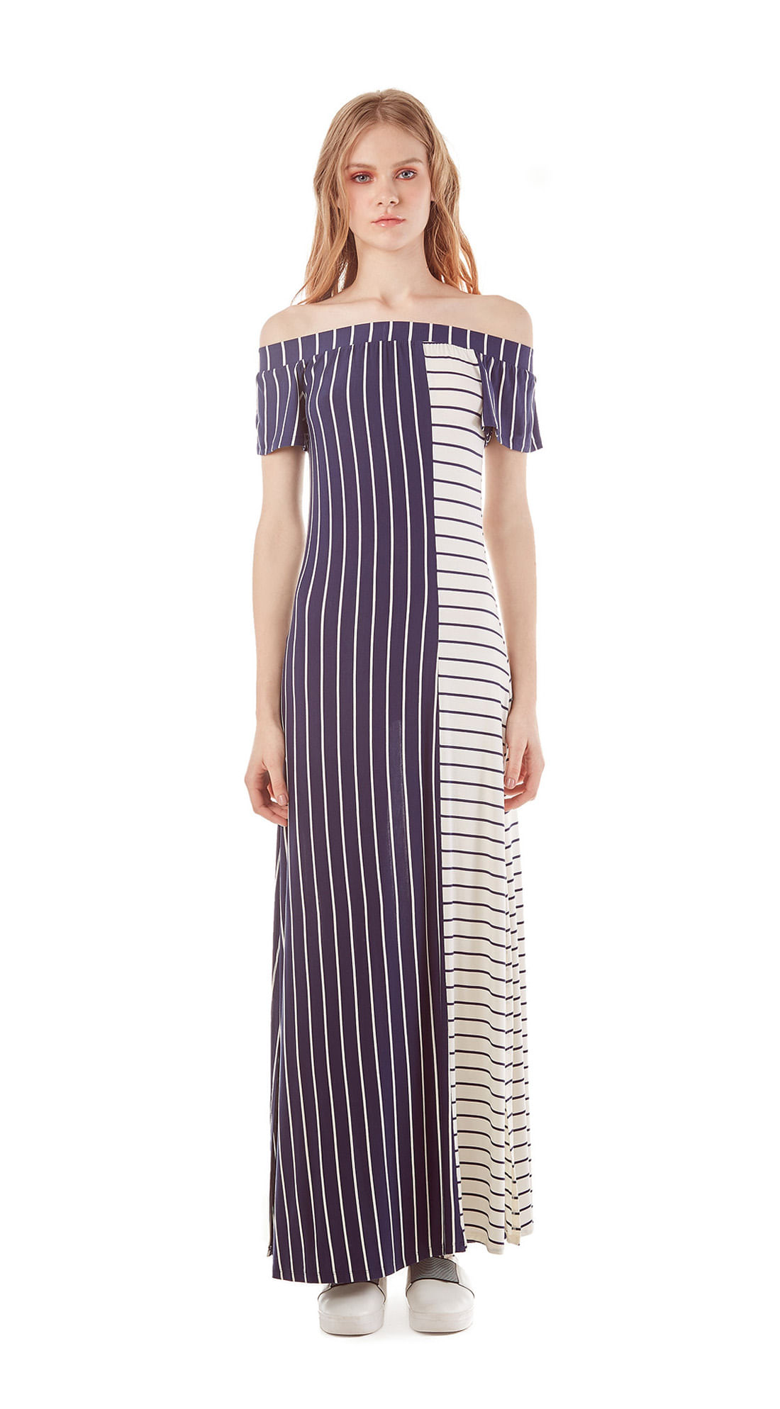 vestido longo de malha listrado