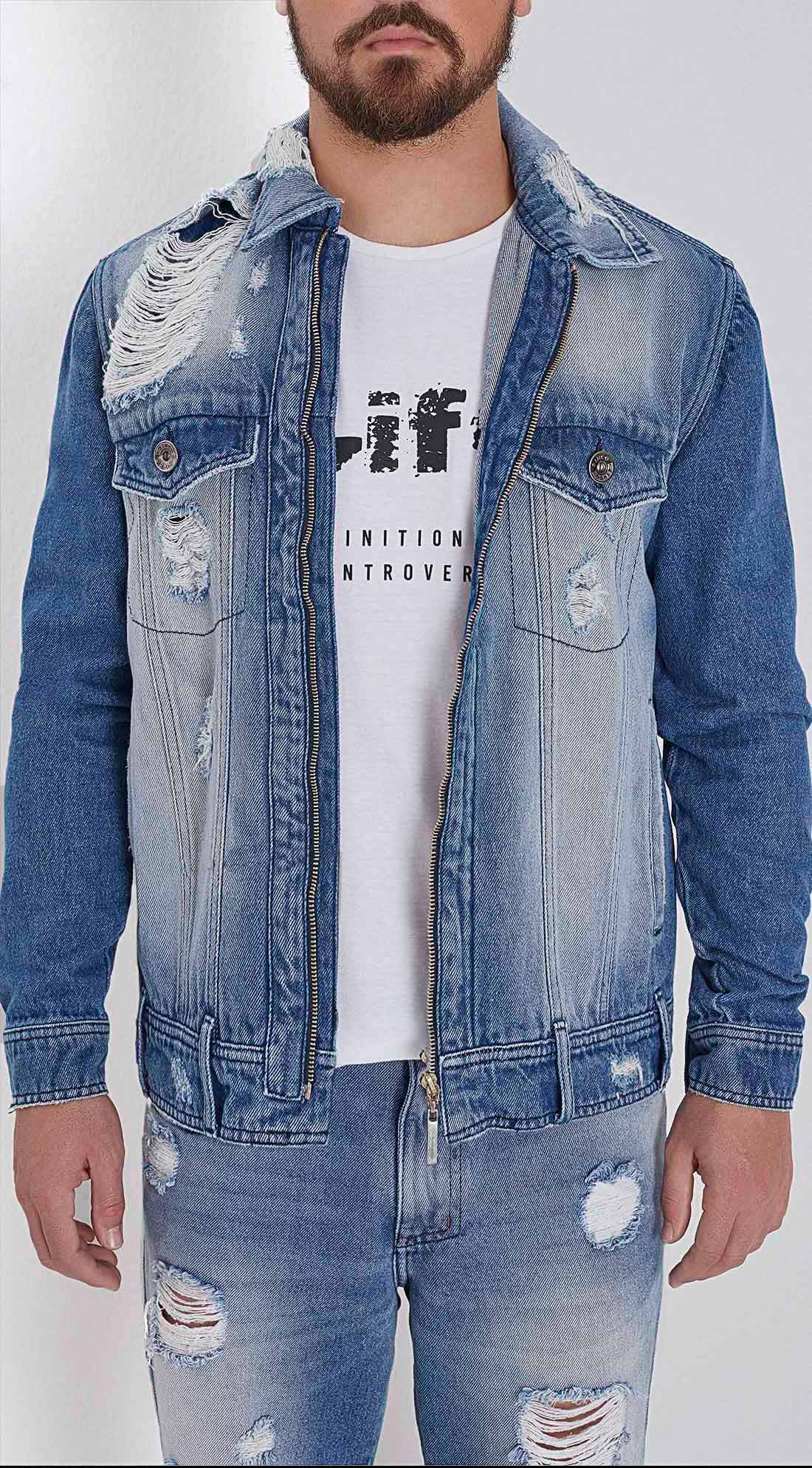 jaqueta jeans masculina com puidos