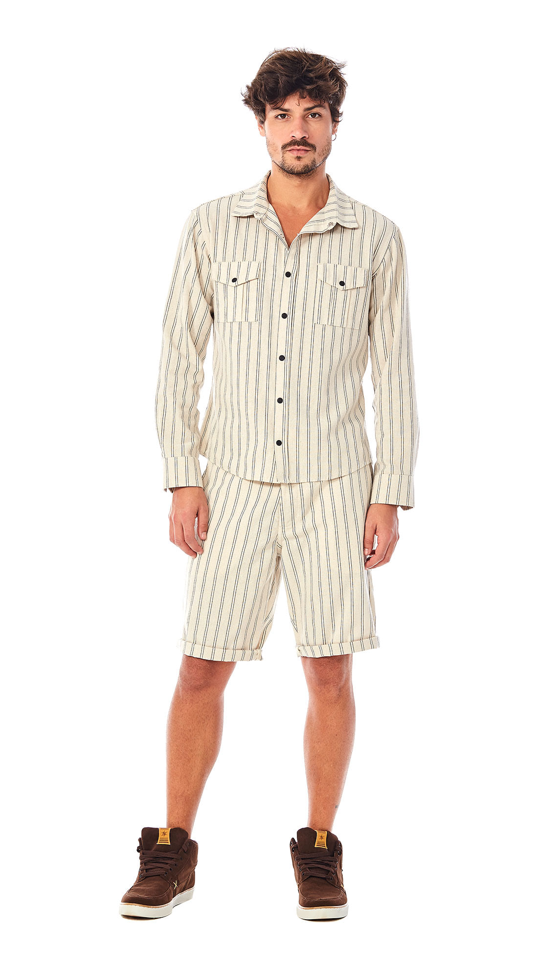 Camisa Zinco Manga Longa Com Bolso Bege