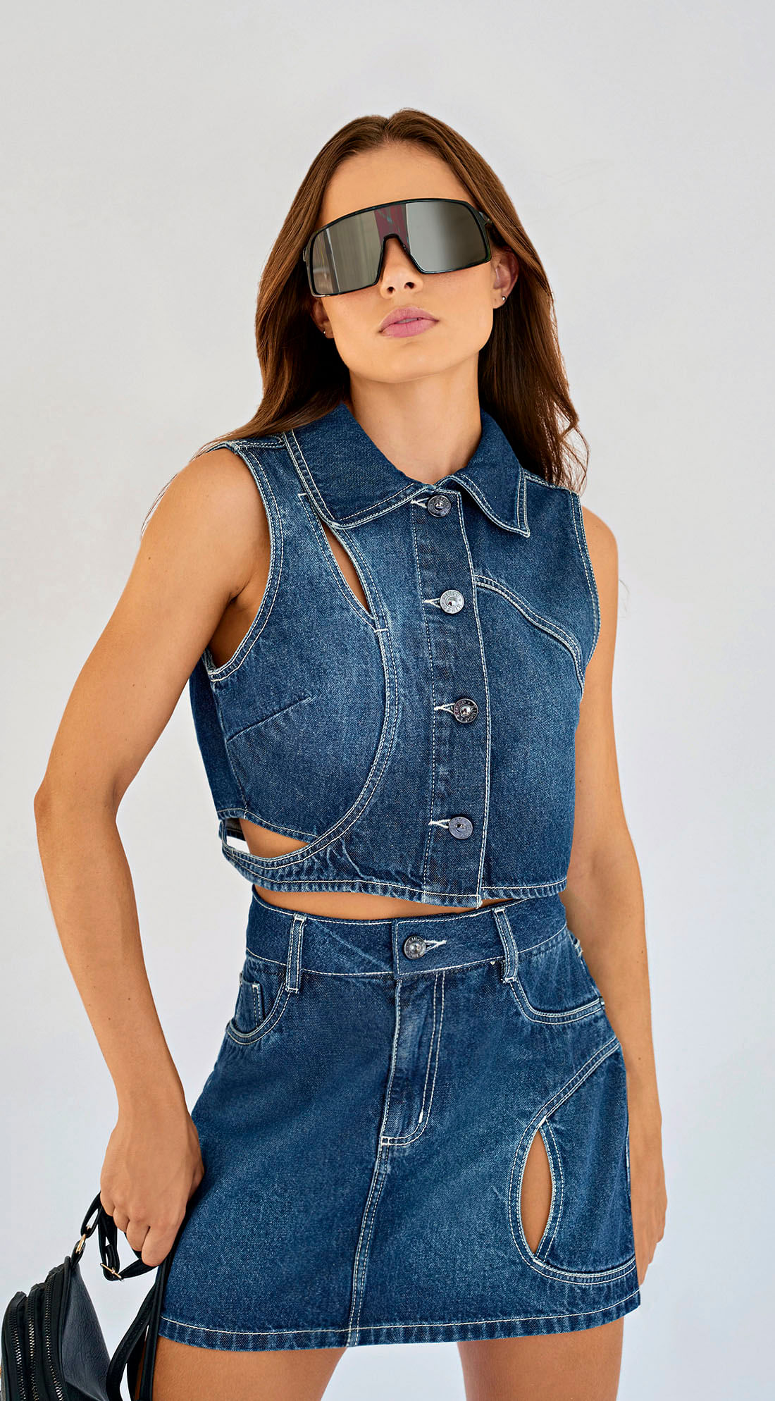 Saia Zinco Curta Five Pockets Com Recorte Jeans