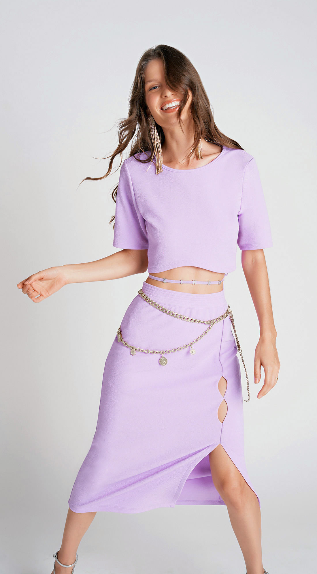 Blusa Zinco Decote Redondo Manga Curta Abertura Lateral Lilas