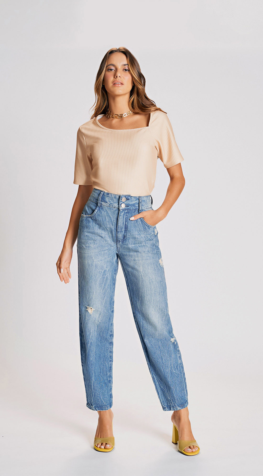 Calca Zinco Curve Cós Alto Com Botão Jeans