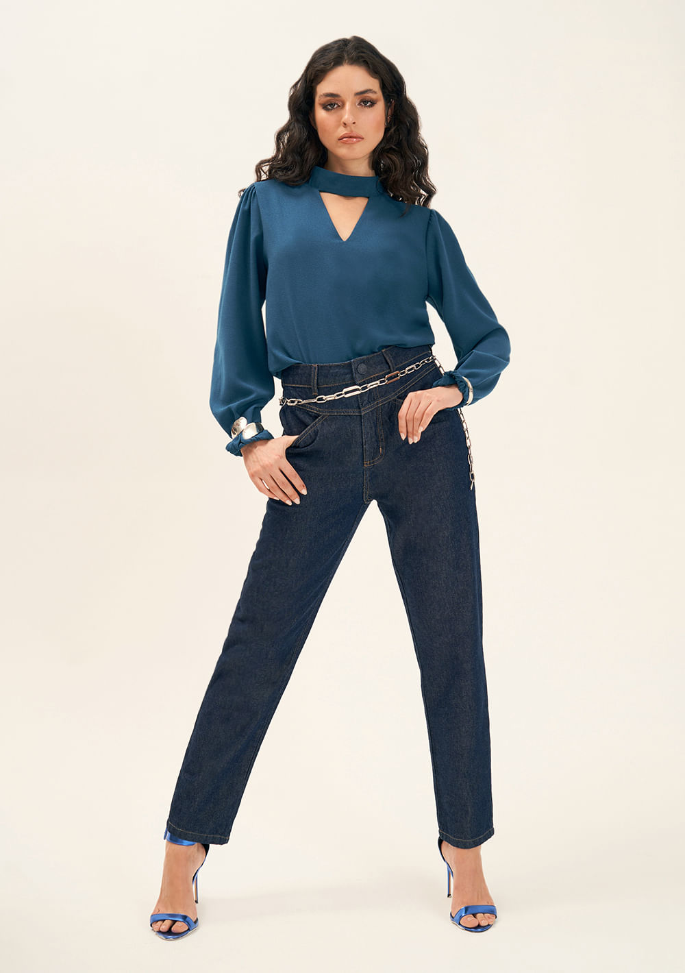 Calca Zinco Mom Cós Super Alto Detalhe Pesponto Jeans