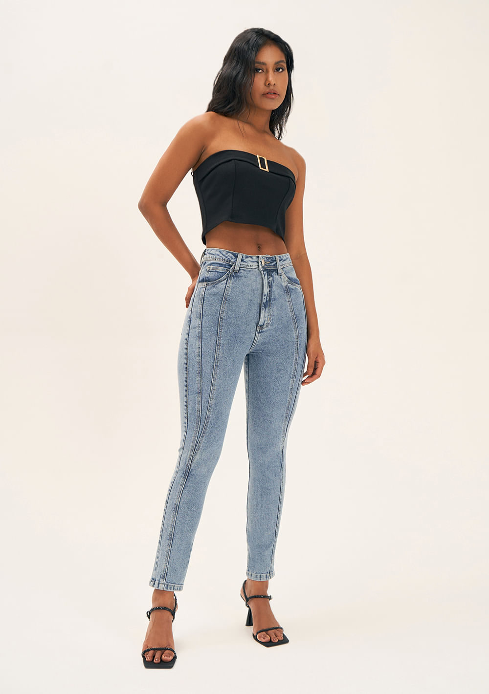 Calca Zinco Cigarrete Cós Alto Com Recorte Jeans
