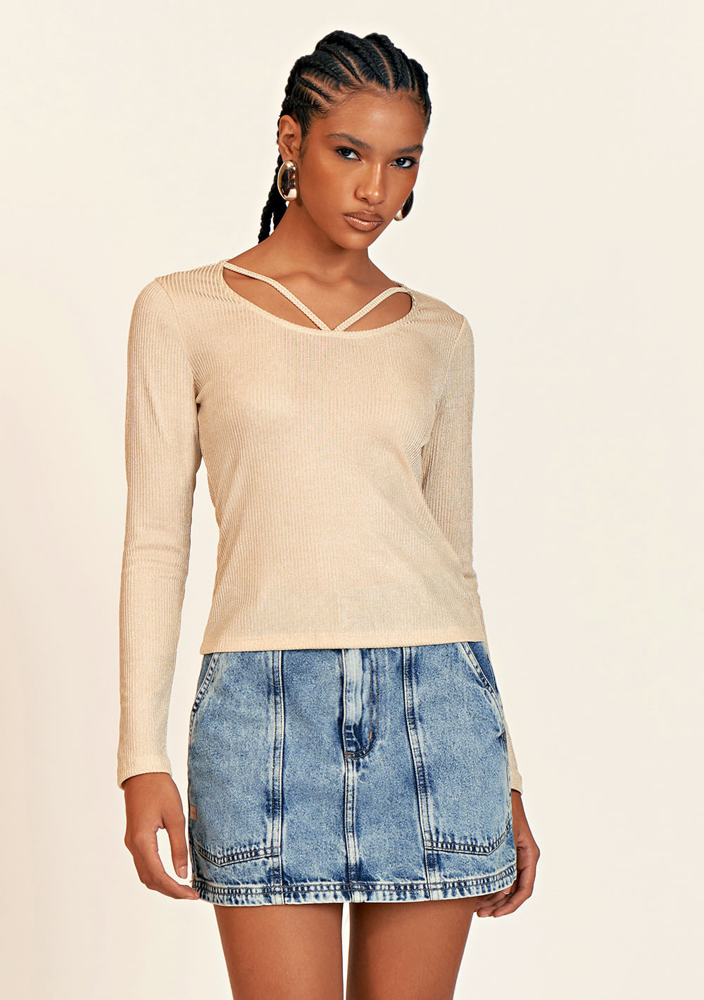 Blusa Zinco Decote U Manga Longa Detalhe Viés Cru