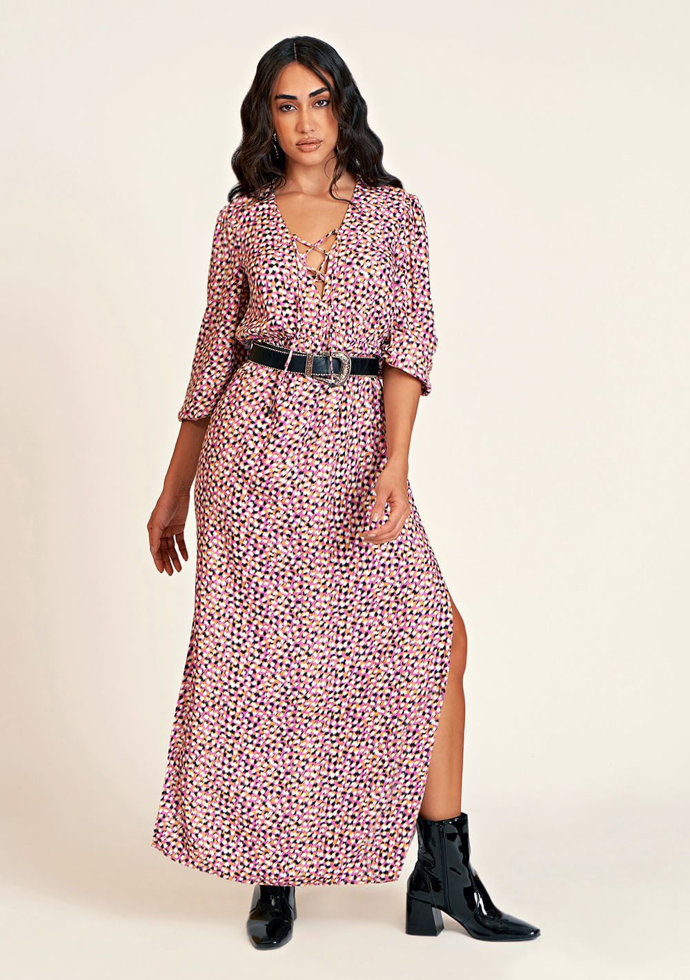 Vestido Zinco Longo Decote V Com Amarração Rosa