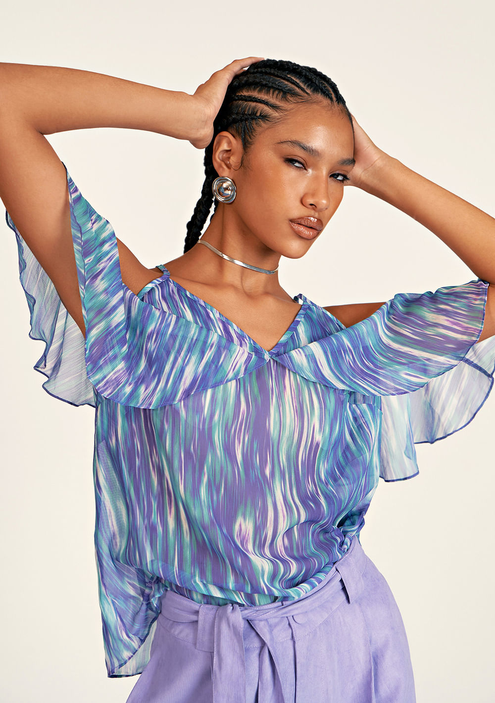 Blusa Zinco Decote V Alça Com Babado Azul