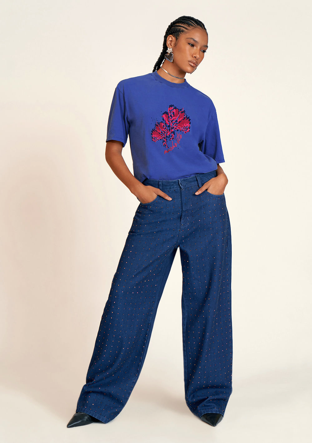 Calca Zinco Wide Cós Alto Com Termocolante Jeans