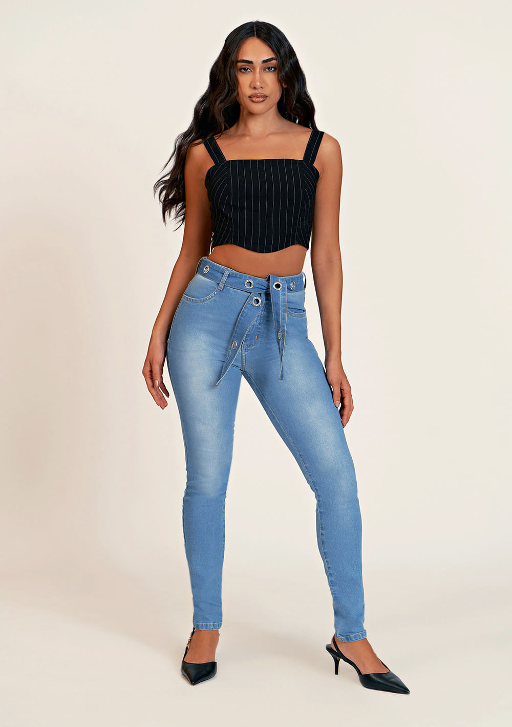 Calca Zinco Skinny Cós Alto Com Cinto Jeans