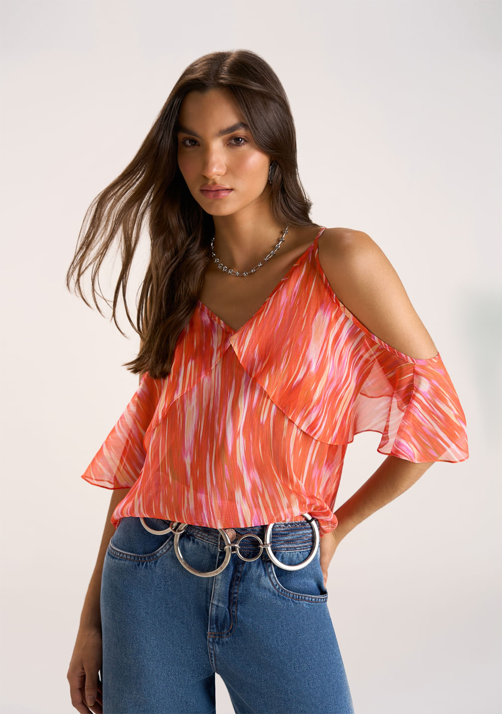 Blusa Zinco Decote V Alça Com Babado Laranja