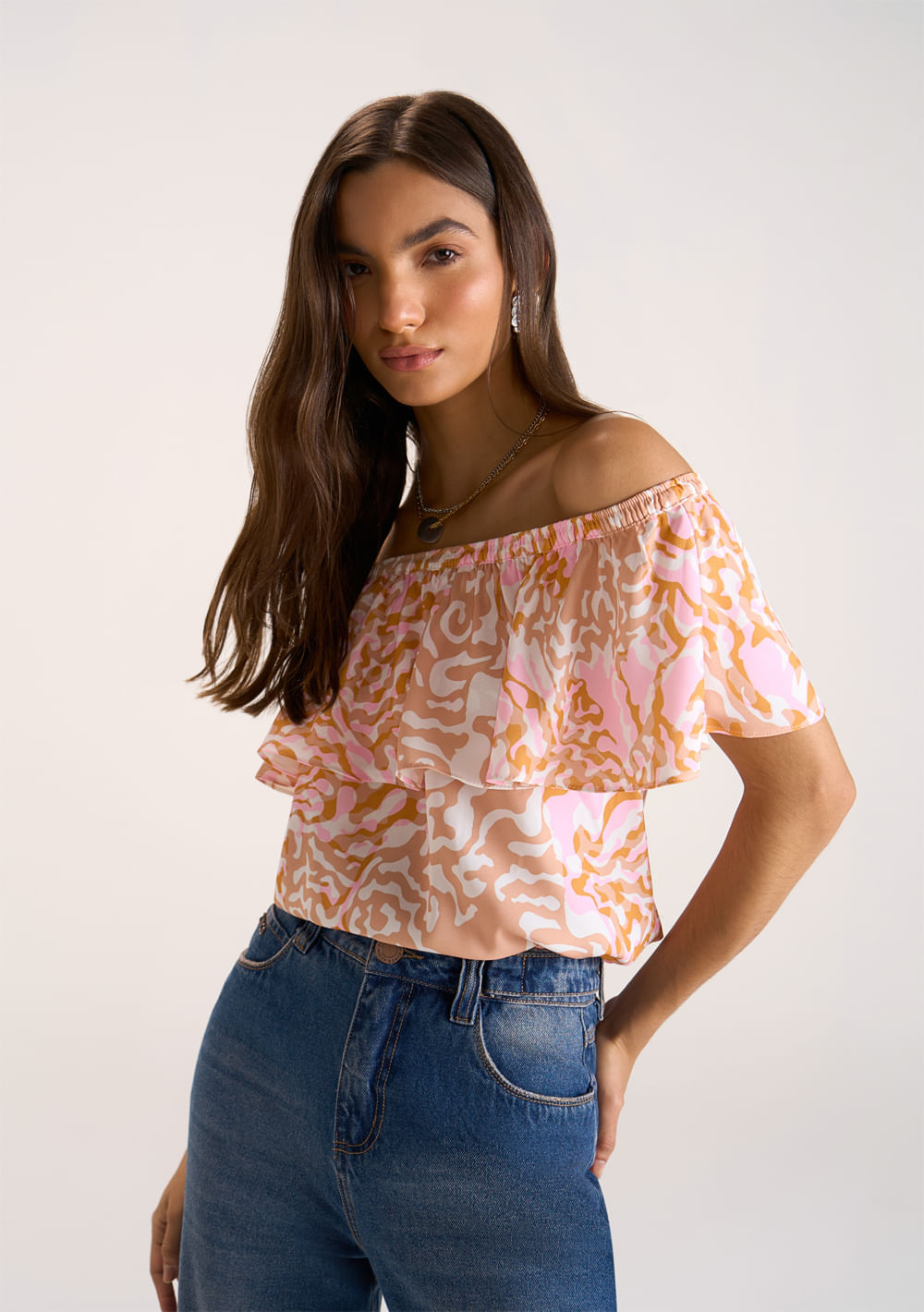 Blusa Zinco Decote Reto Cavada Com Babado Laranja