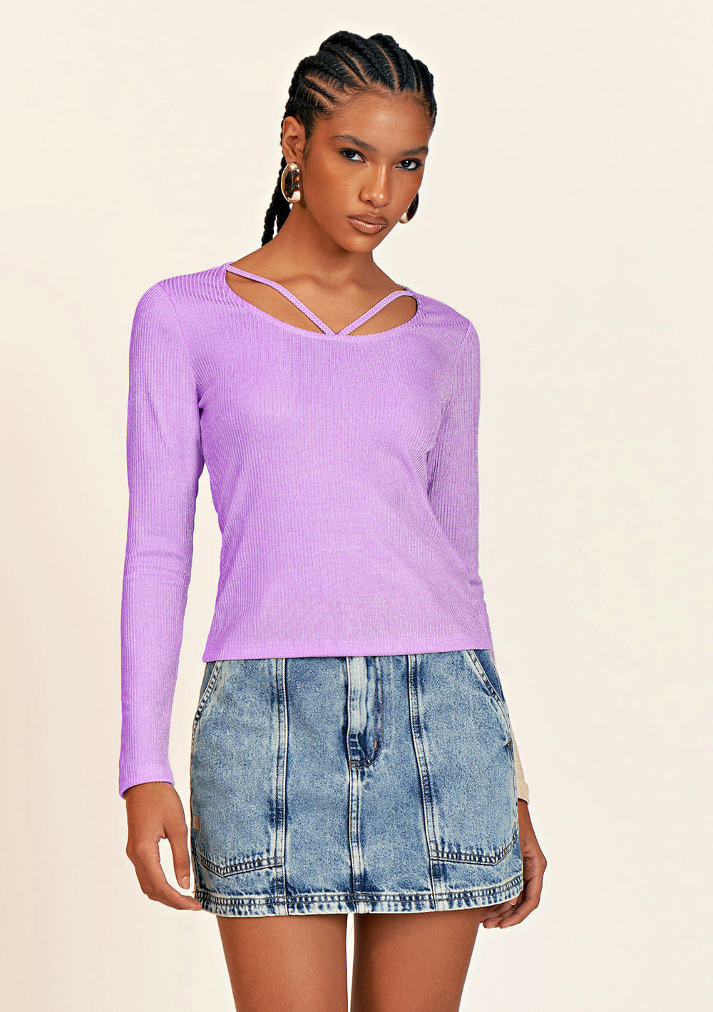 Blusa Zinco Decote U Manga Longa Detalhe Viés Lilas