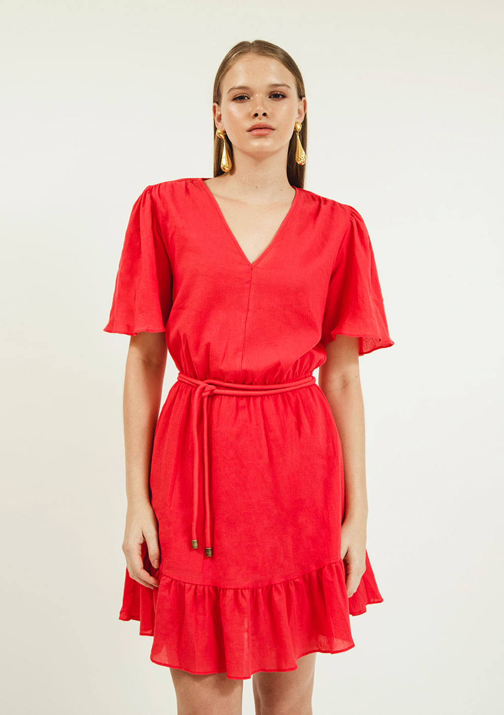 Vestido Zinco Curto Decote V Com Cinto Rosa