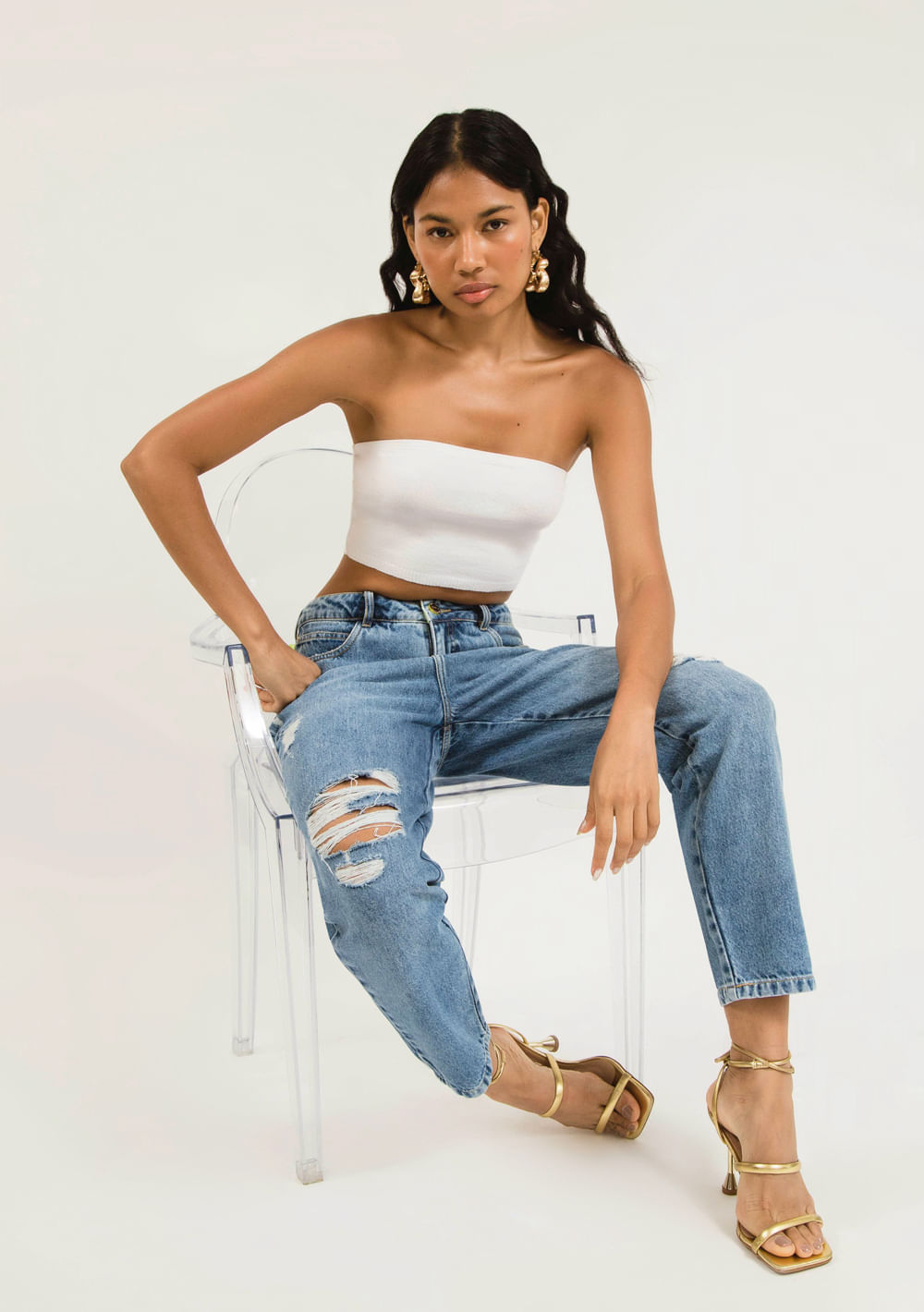 Calça Zinco Comfort Cós Alto Com Puídos Jeans