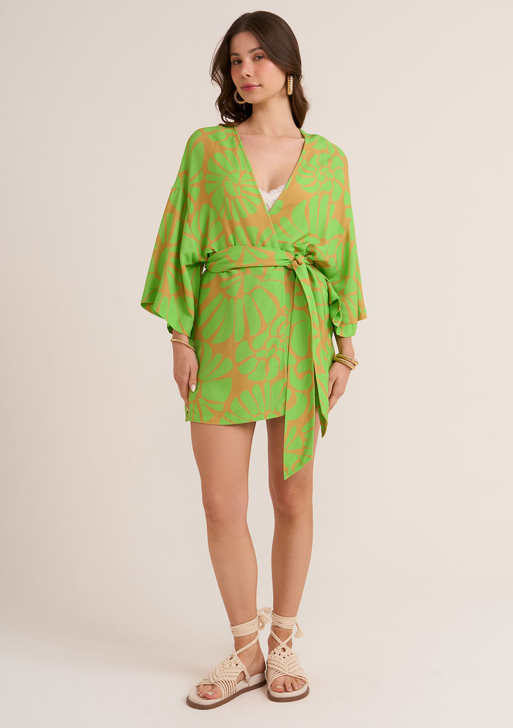 Kimono Zinco Alongado Com Faixa Verde Claro