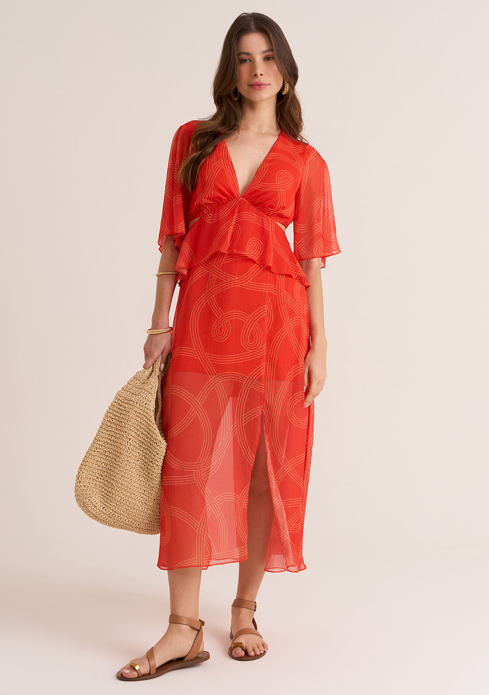 Vestido Zinco Midi Decote V Abertura Lateral Laranja