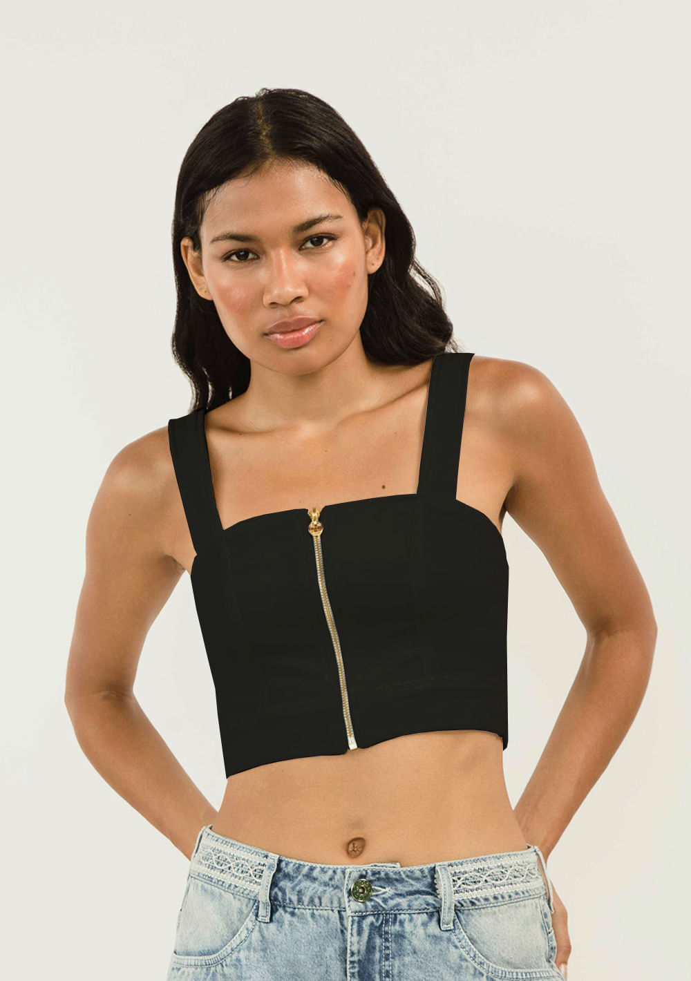 Top Zinco Cropped Cavado Detalhe Zíper Preto