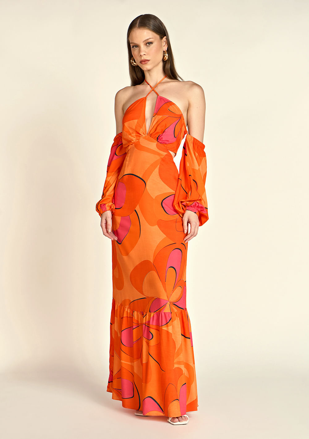 Vestido Zinco Longo Decote V Com Amarração Laranja