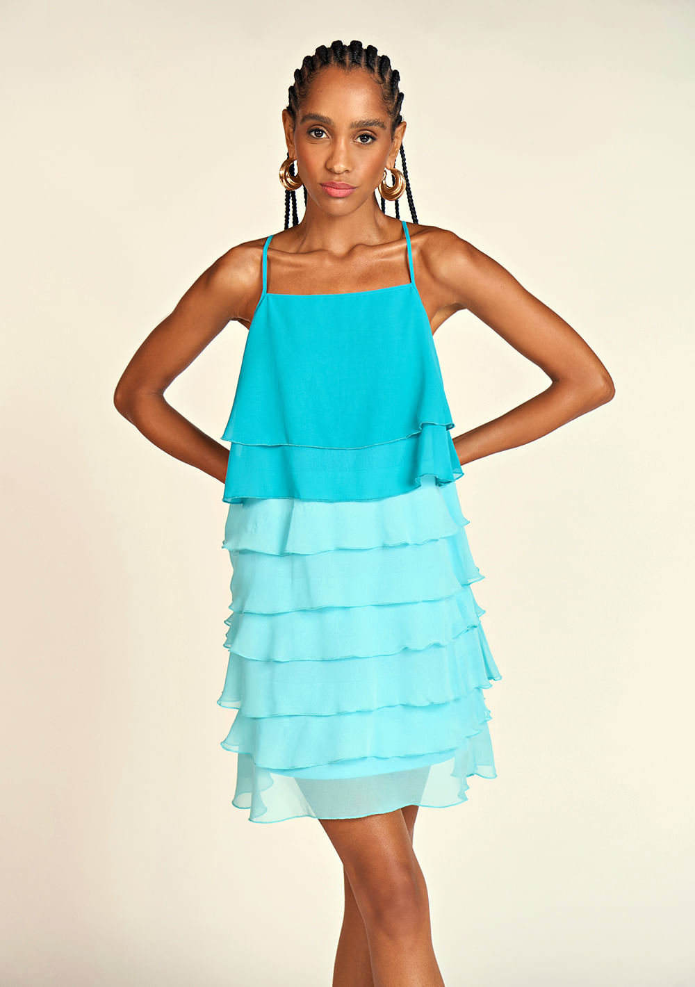 Vestido Zinco Curto Decote Reto Com Camadas Azul