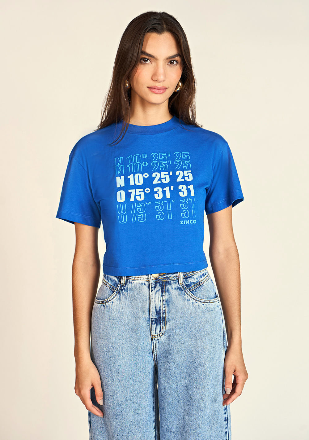 T-Shirt Zinco Decote Redondo Cropped Azul