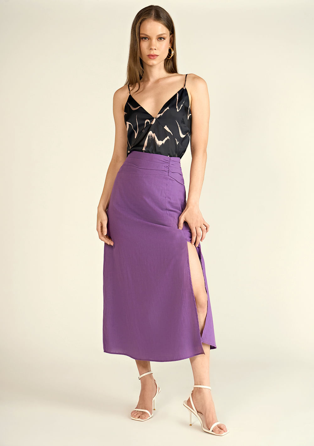 Saia Zinco Midi Reta Com Fenda Roxo