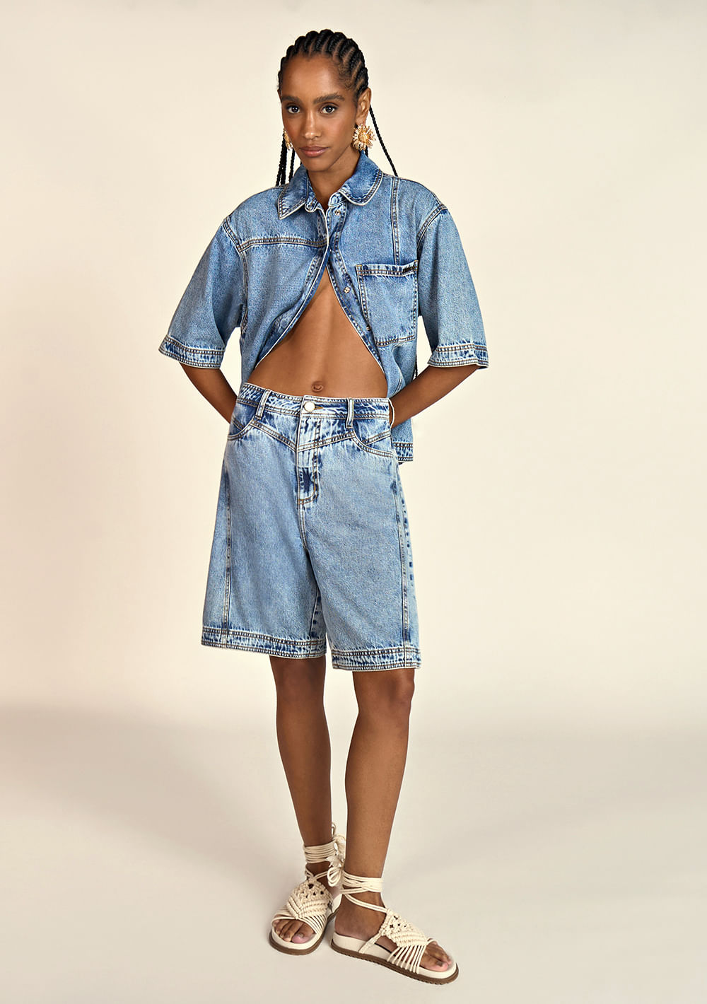 Bermuda Zinco Oversized Com Recortes Jeans