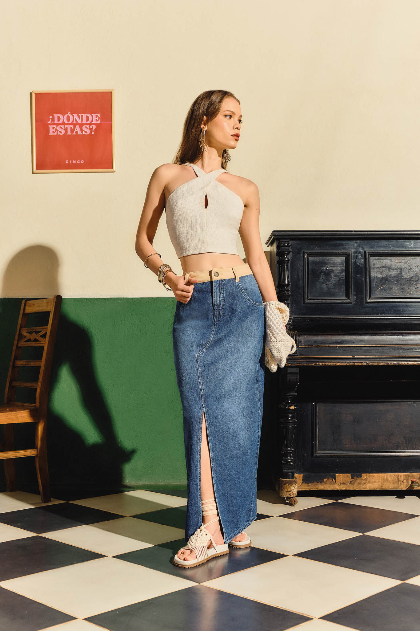 Saia Zinco Longa Justa Composê Tecido Jeans