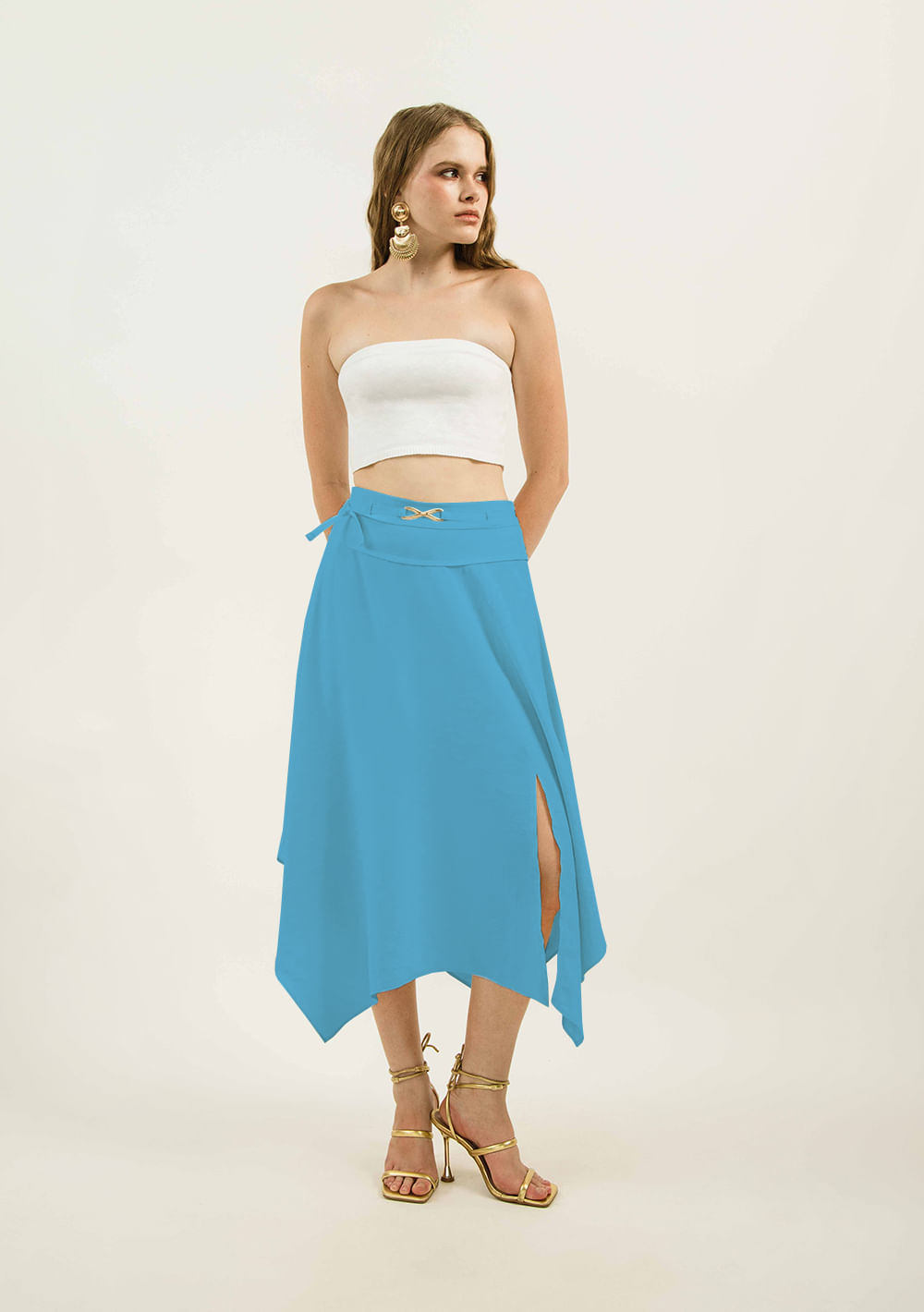 Saia Zinco Midi Fluida Com Fenda Azul
