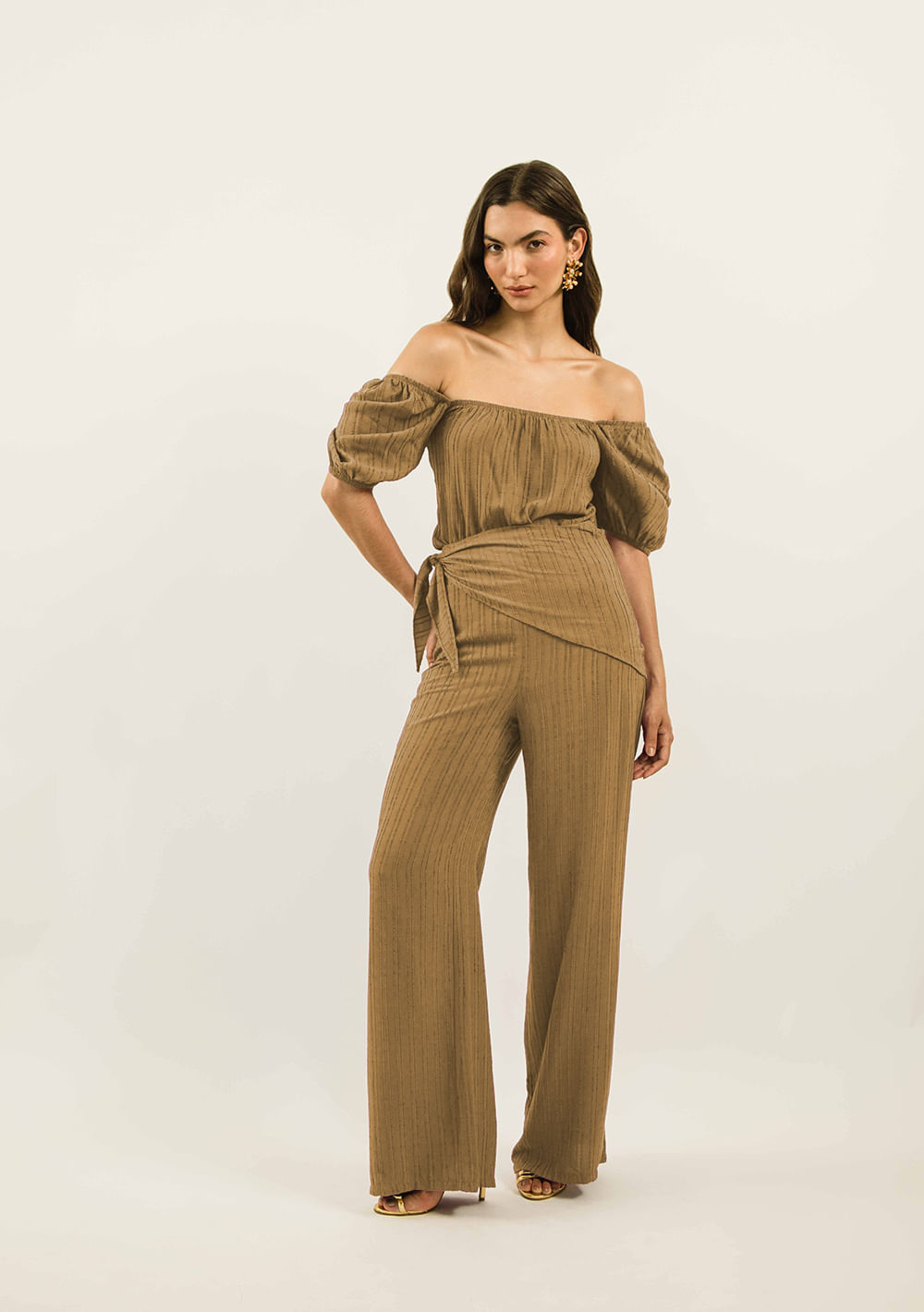 Calça Zinco Pantalona Cós Alto Com Lenço Marrom