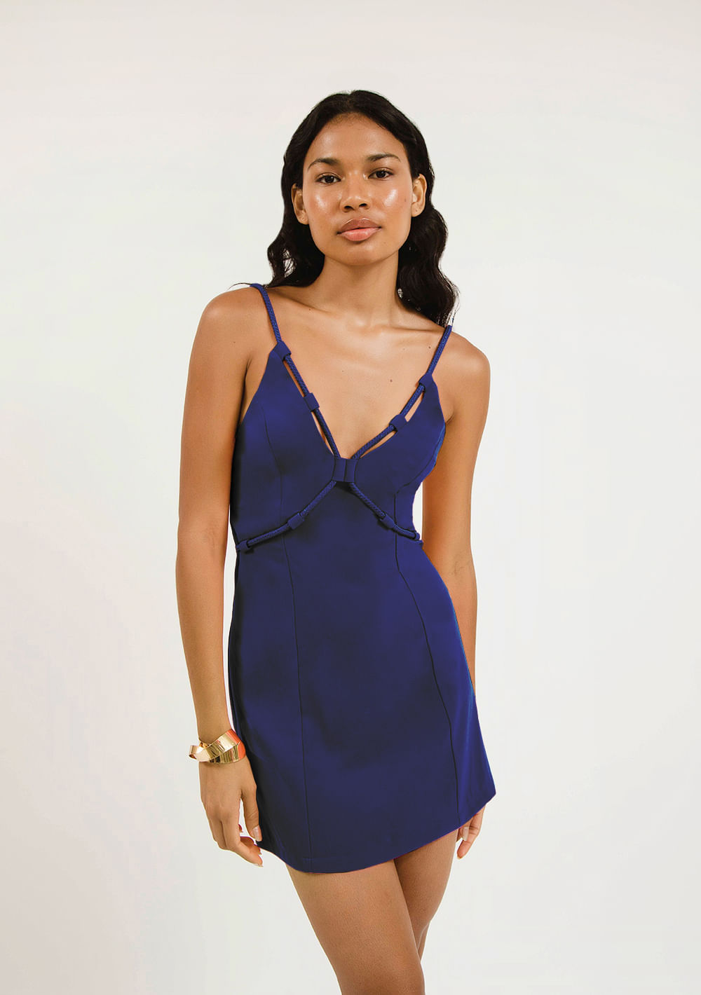 Vestido Zinco Curto Decote V Com Recorte Azul