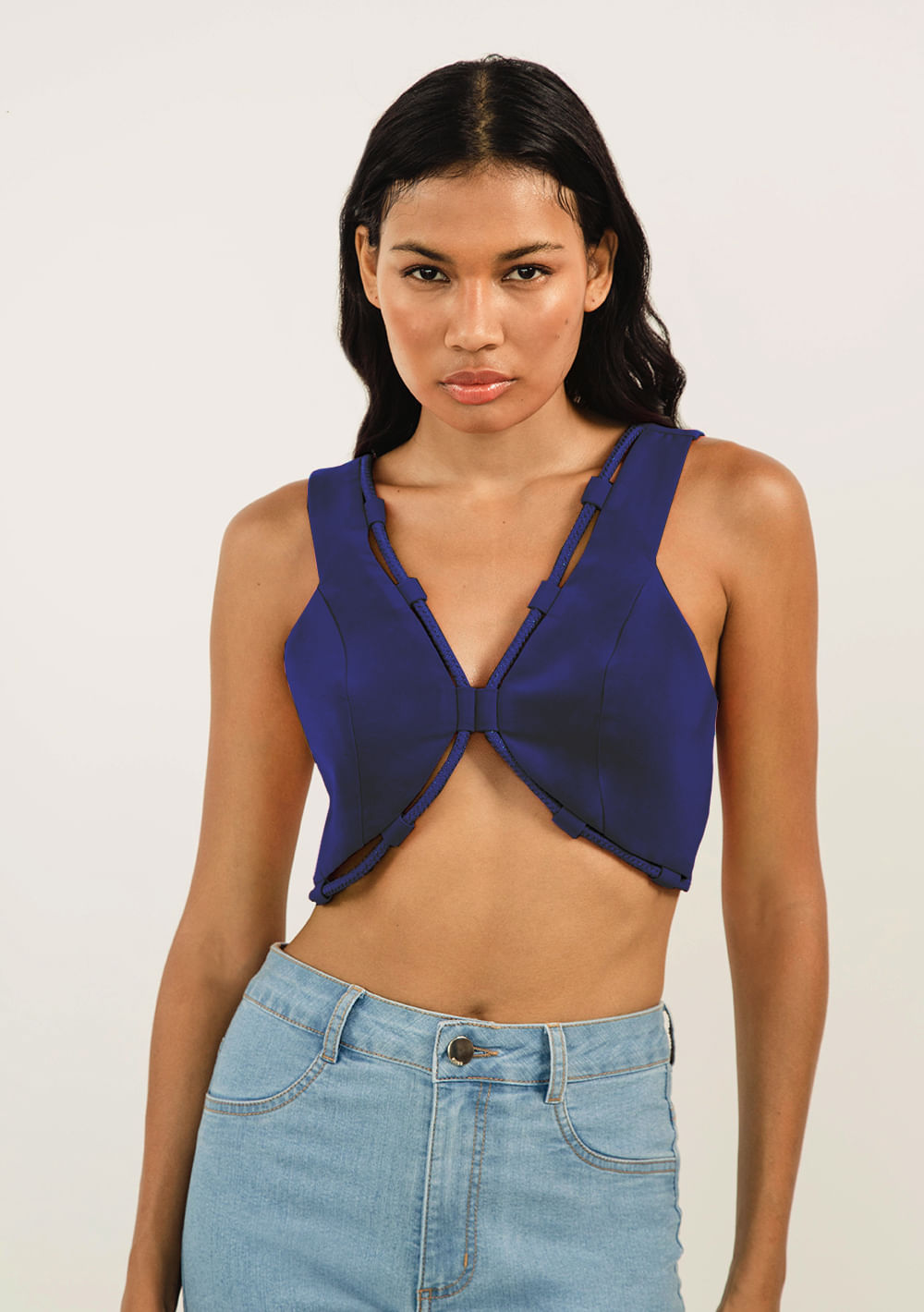 Top Zinco Cropped Cavado Com Cordão Azul