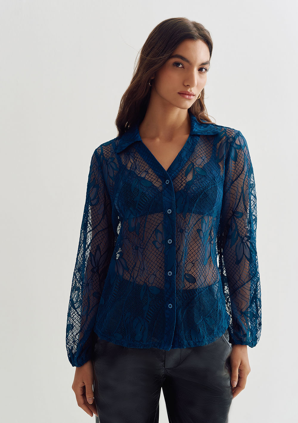 Camisa Lebôh Manga Longa Com Botões Azul Marinho