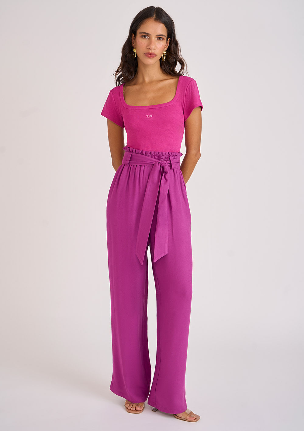 Calça Zinco Reta Cós Clochard Com Cinto Rosa