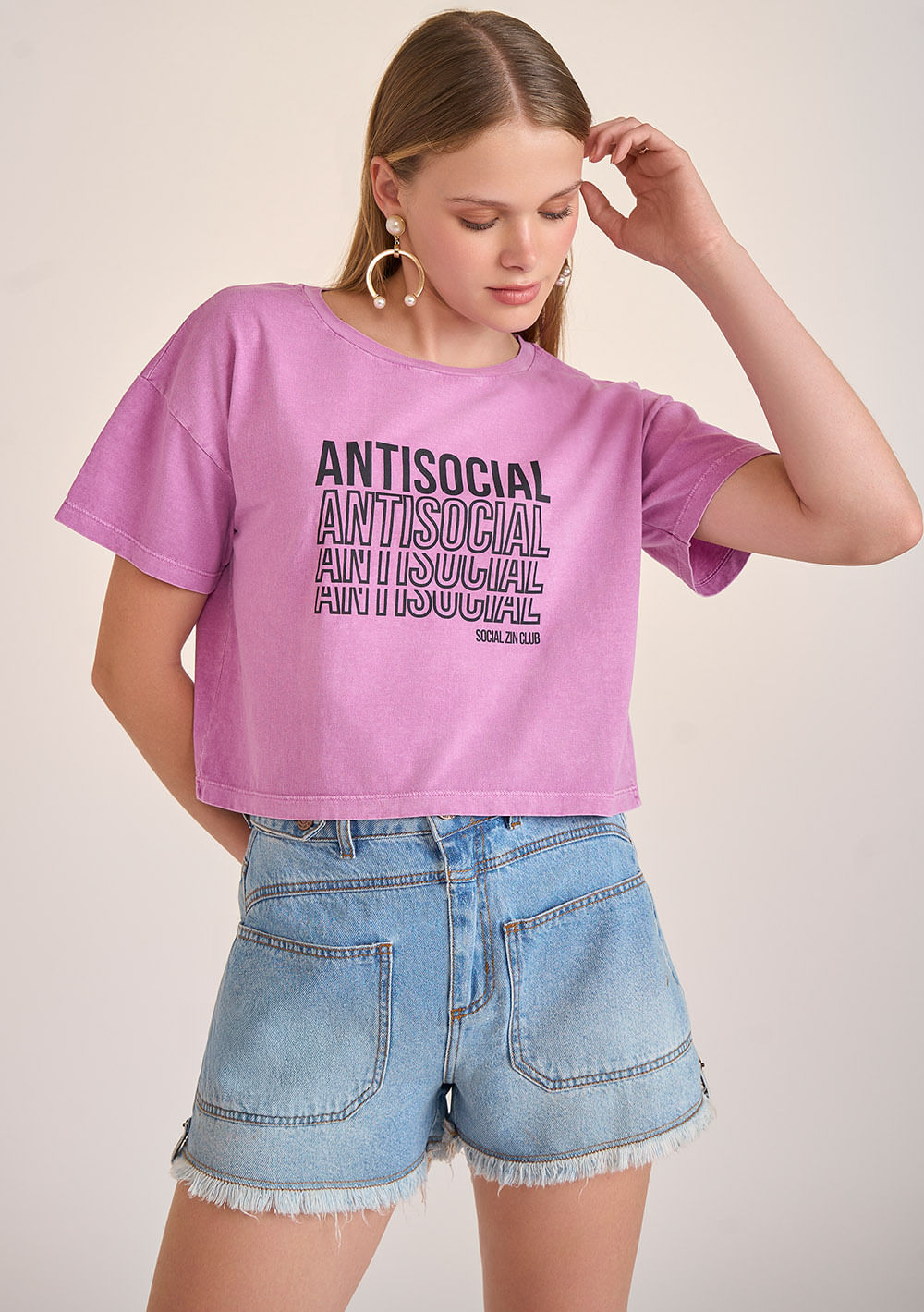 T-Shirt Zinco Decote Redondo Cropped Roxo