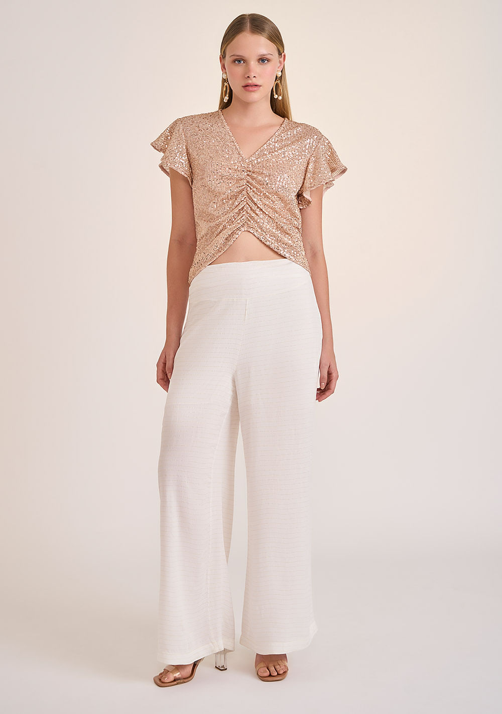 Calça Zinco Pantalona Cós Alto Detalhe Barra Off White