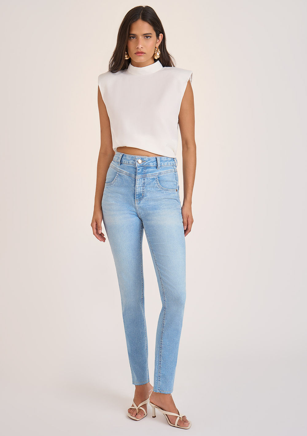Calça Zinco Skinny Cós Alto Detalhe Bolso Jeans