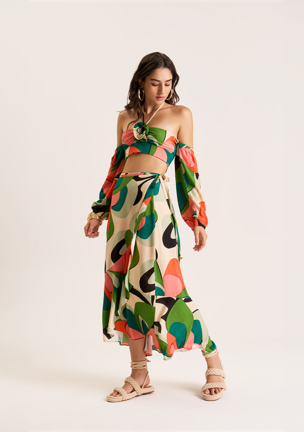 Saia Zinco Midi Fluida Com Babado Verde