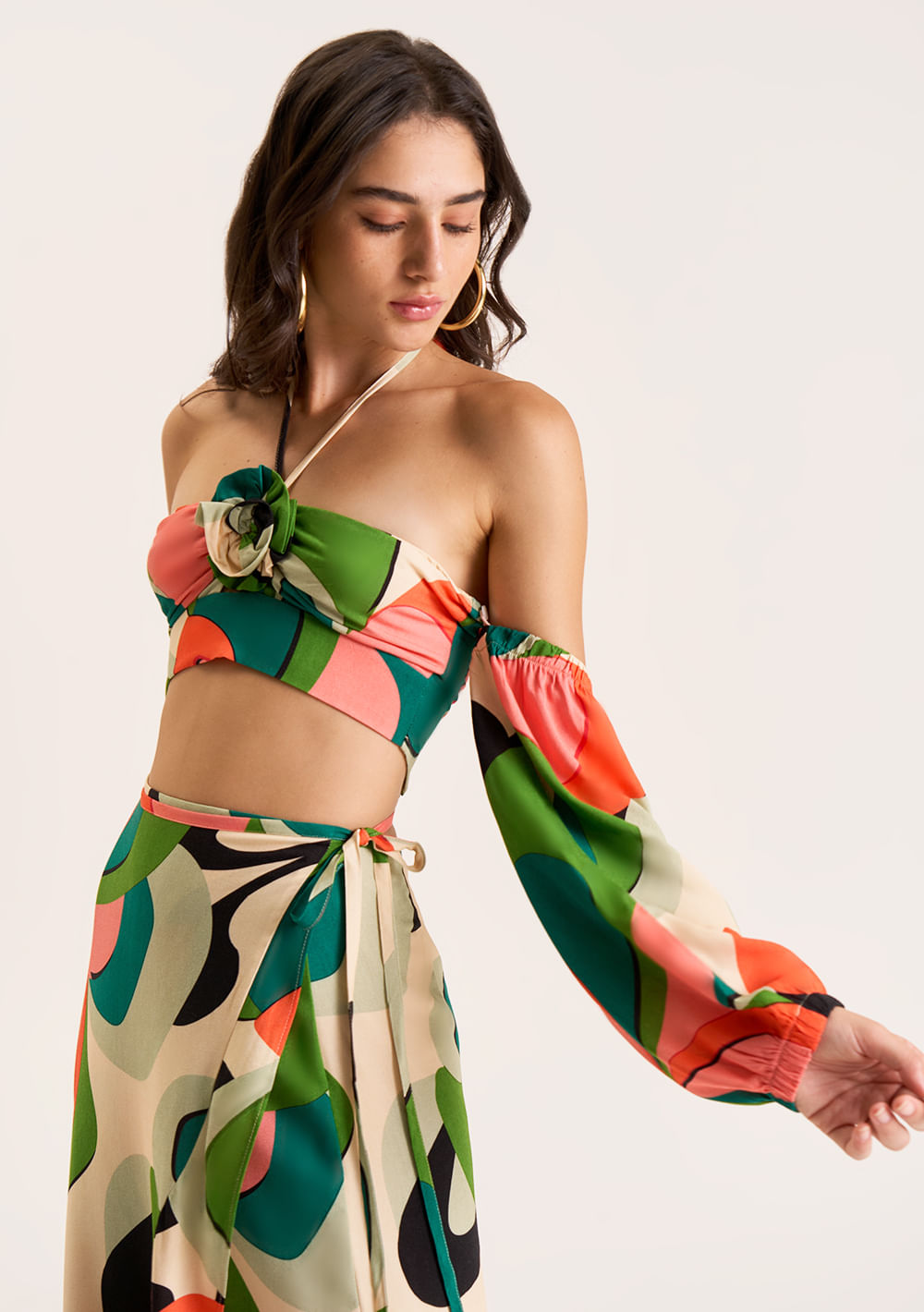 Top Zinco Cropped Manga Removível Com Lastex Verde