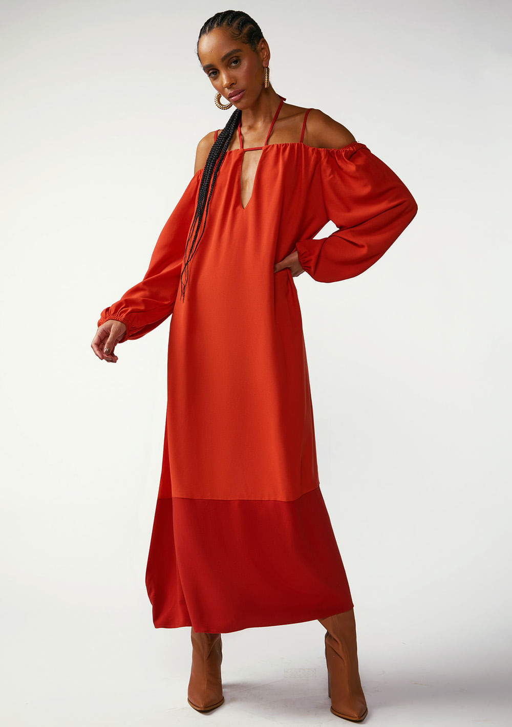 Vestido Zinco Solto Decote Reto Manga Longa Midi Laranja