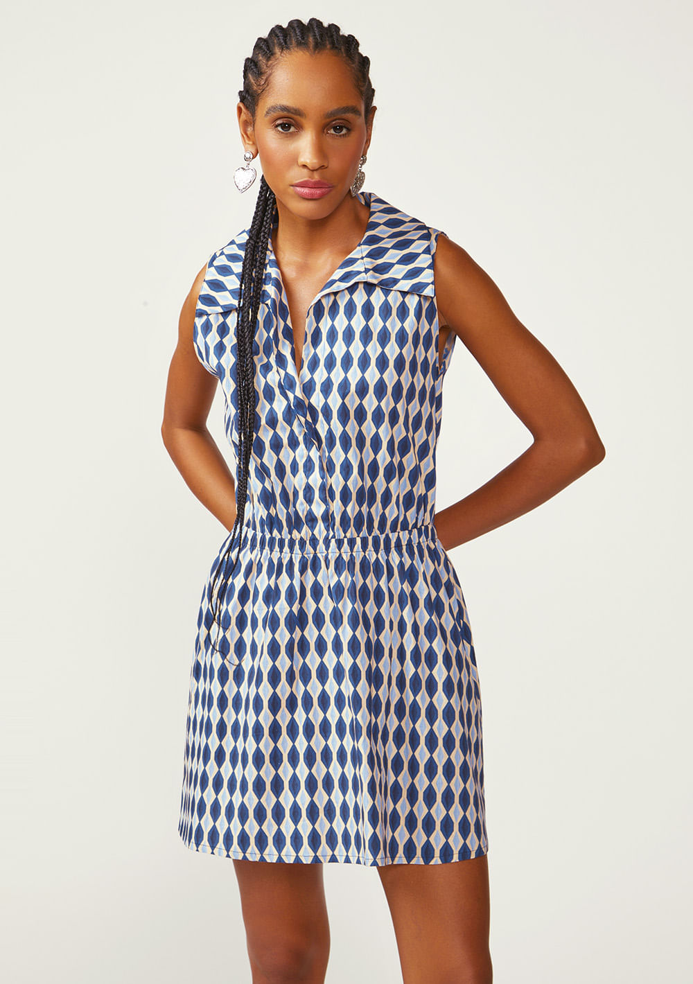 Vestido Zinco Solto Decote V Sem Manga Curto Azul