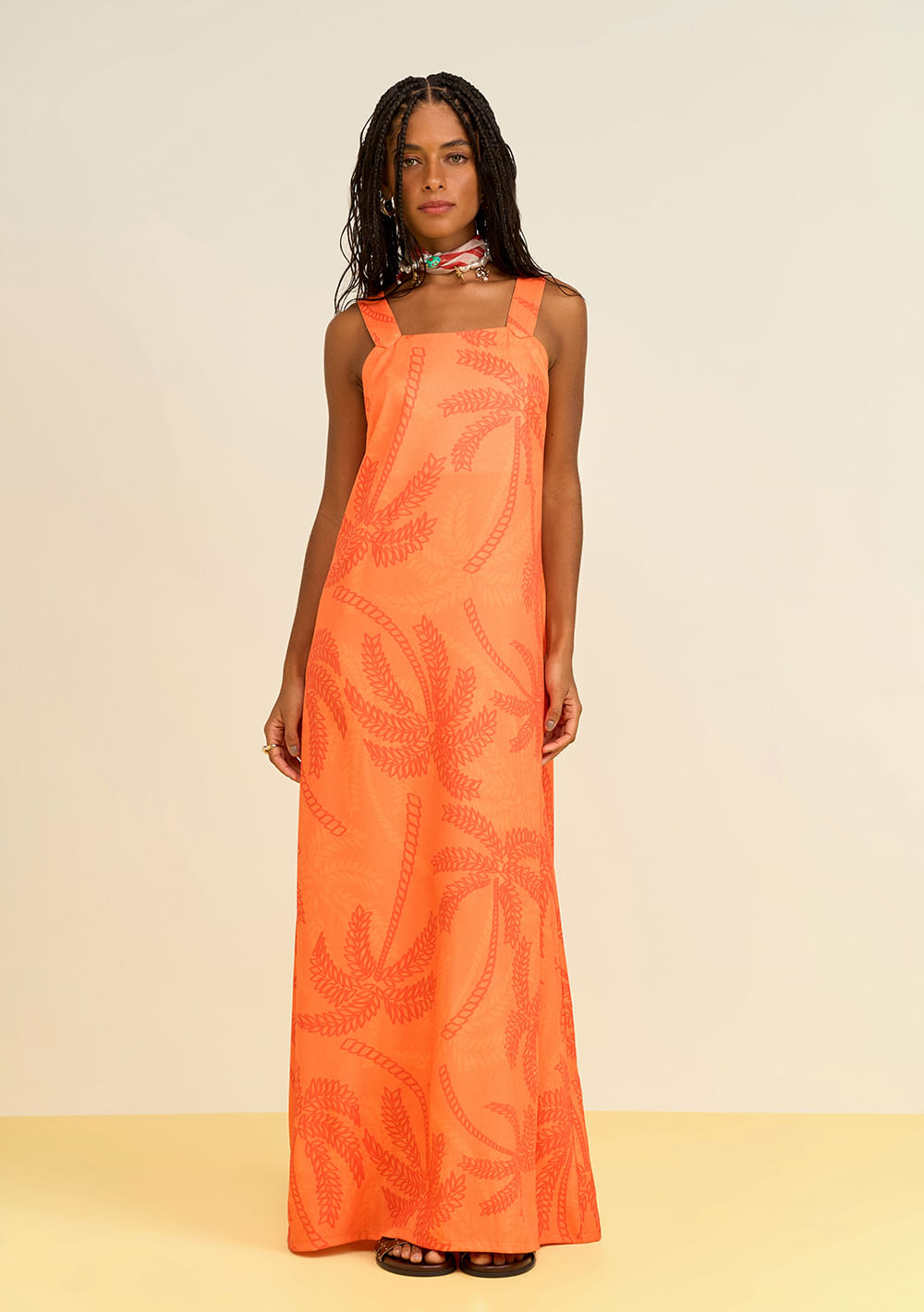 Vestido Zinco Solto Decote Reto Com Alça Midi Laranja