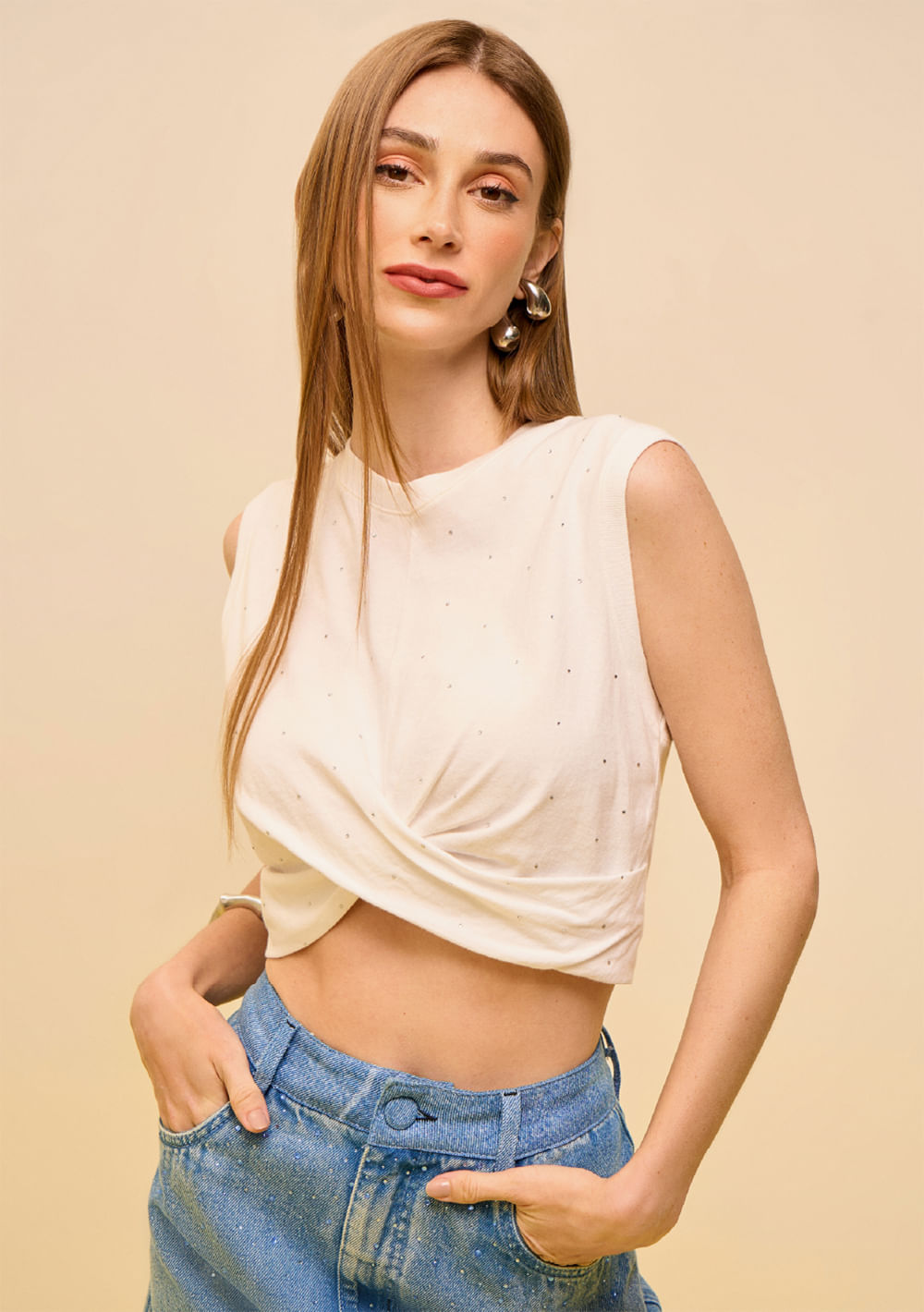 Regata Zinco Ajustada Decote Careca Cropped Off White