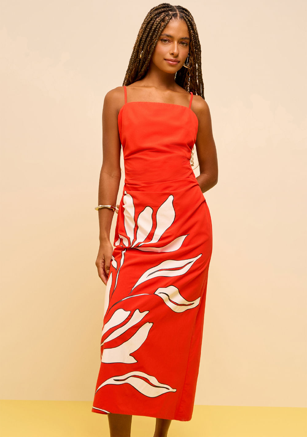 Vestido Zinco Ajustado Decote Reto Sem Manga Midi Vermelho