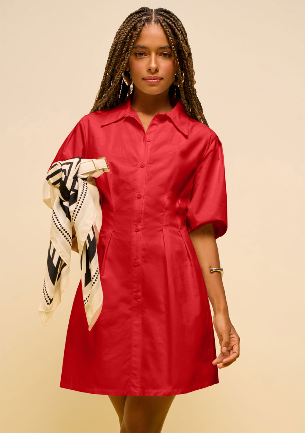 Vestido Zinco Solto Gola Clássica Manga 3 Quartos Curto Vermelho