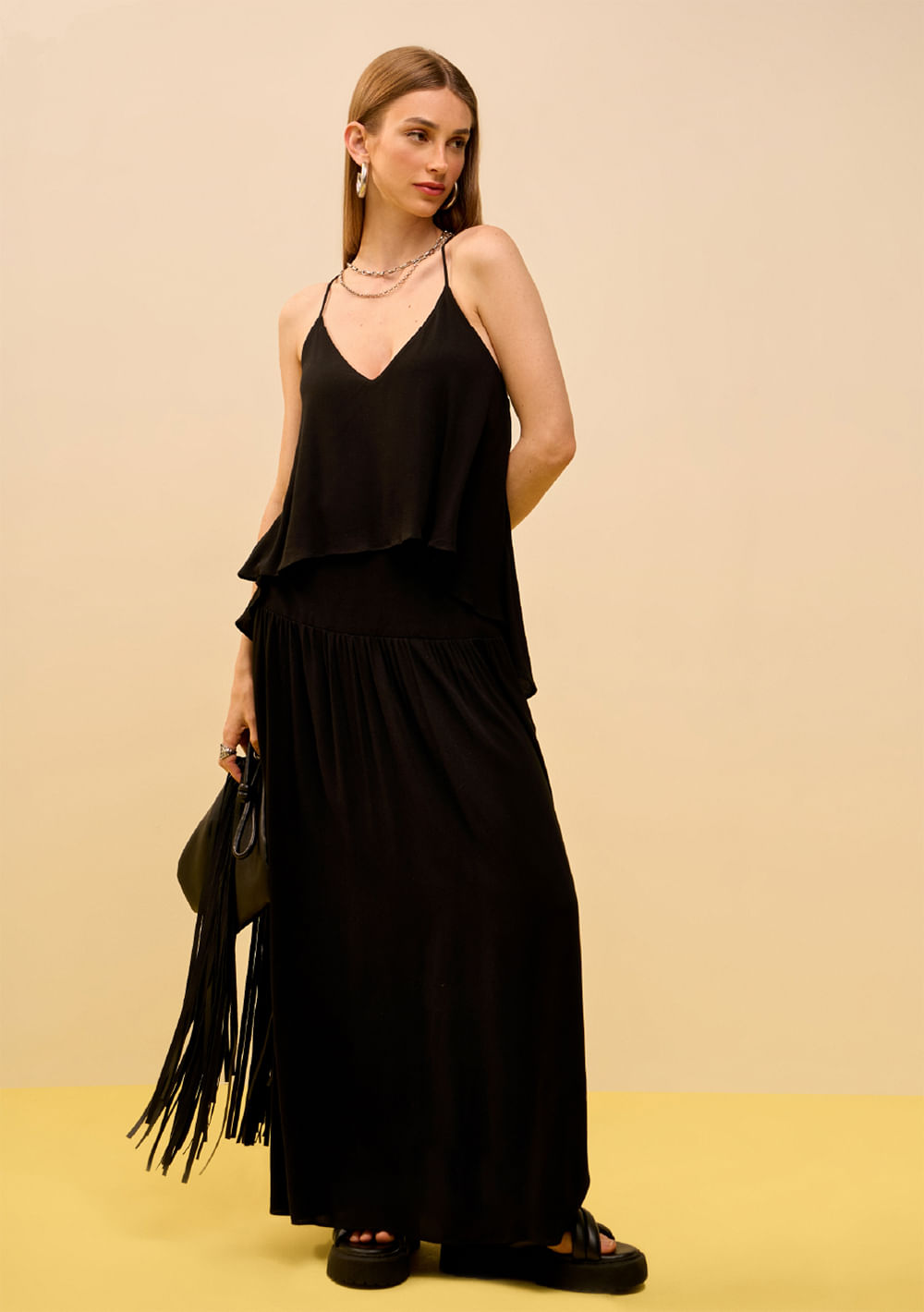 Vestido Zinco Solto Decote V Com Alça Longo Preto