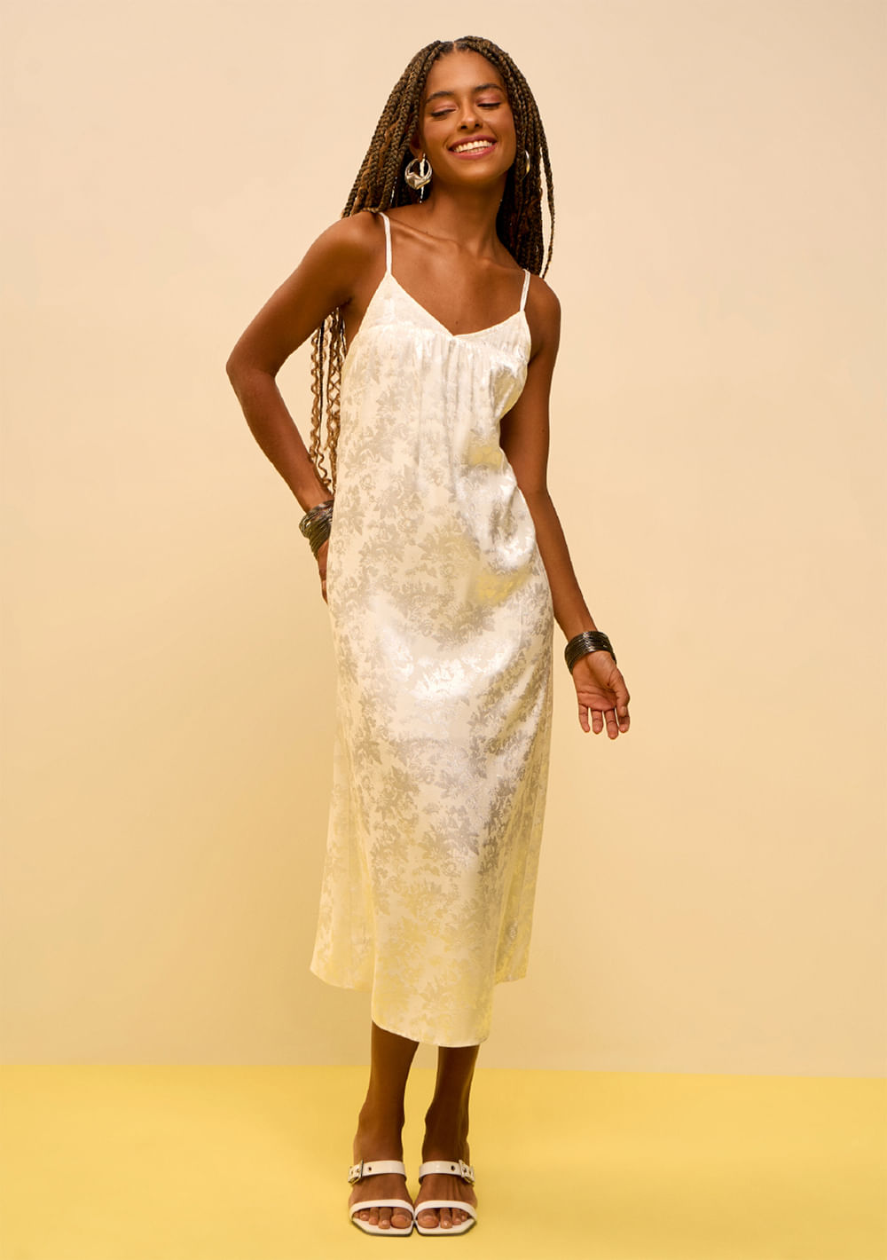 Vestido Zinco Ajustado Decote V Com Alça Midi Off White