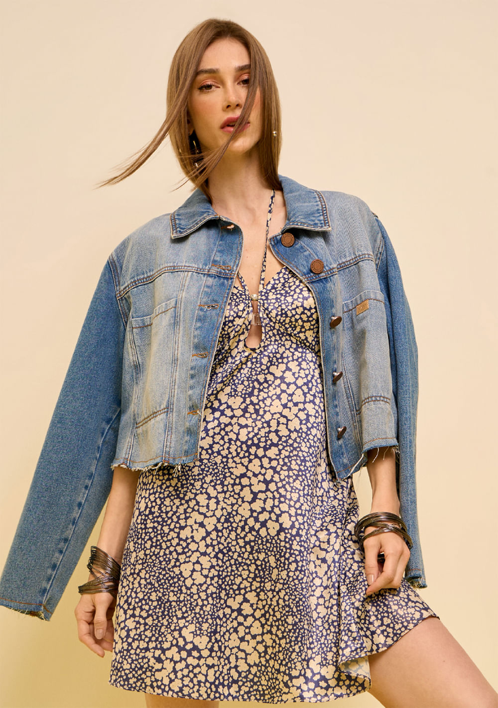 Jaqueta Zinco Solta Manga Longa Cropped Azul