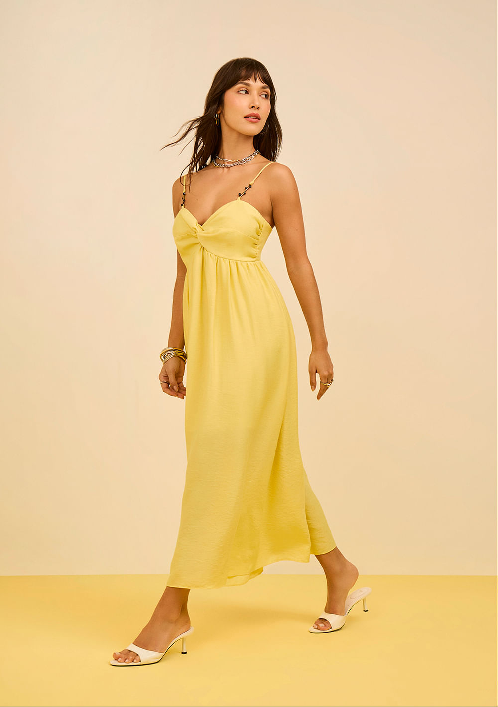 Vestido Zinco Solto Decote V Com Alça Midi Amarelo