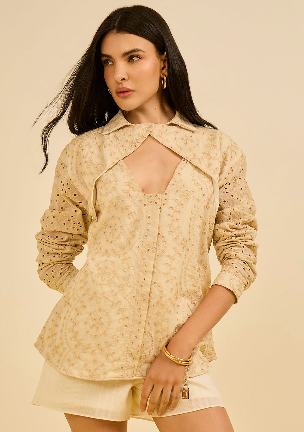 Camisa Zinco Ajustada Gola Tradicional Manga Longa Padrão Amarelo