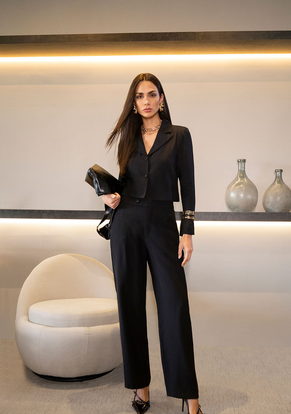 Blazer Zinco Ajustado Manga Longa Padrão Preto